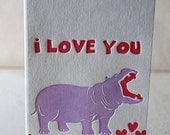 Hippo Love Letterpress Greeting Card - Bamboo paper, patterned envelope. C4-B31T