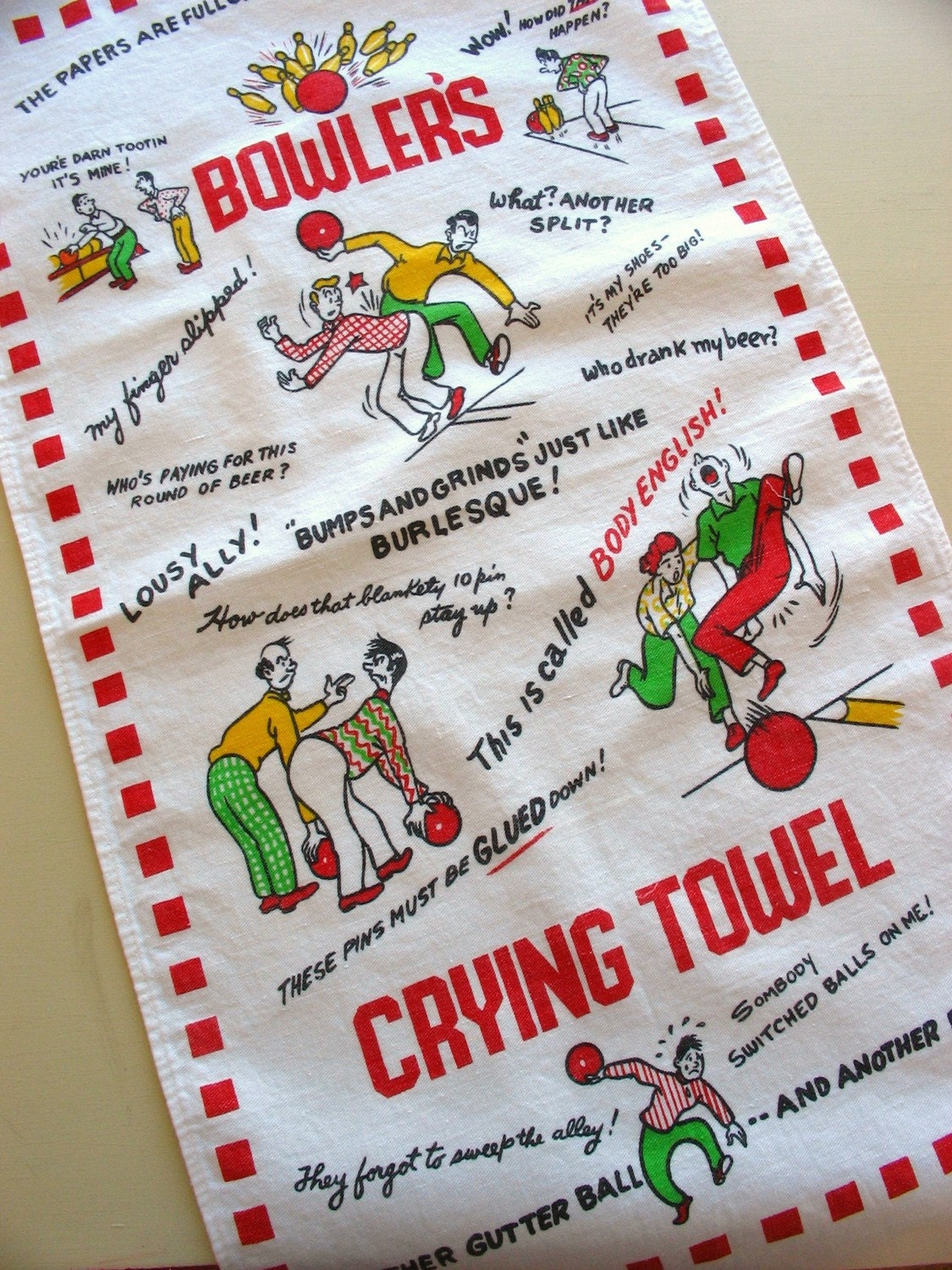 vintage bowler's crying towel cotton screen print towel