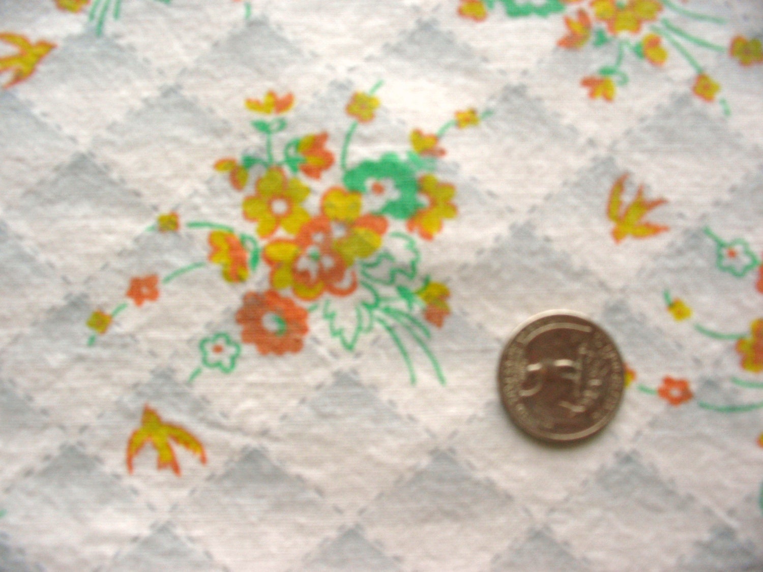 yellow and green flowers and birds faux quilted full vintage cotton feedsack fabric