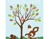 Cute forest friends - Owl, Squirrel, Deery and  Little Treehouse collage poster  print