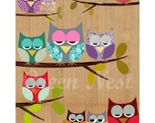 Cute owls on a branch collage poster print