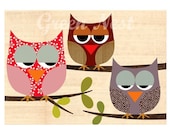 Cute retro patterm owls sitting on  a branch collage poster print on wooden background