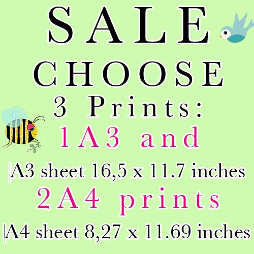 SALE: 3 Prints - choose 1 A3 and  2 A4 prints