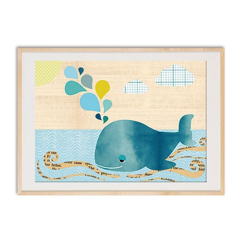 Cute Whale Collage On wood Nursery art print, nursery decor, baby nursery print, kids art, kids room decor, kids wall art,