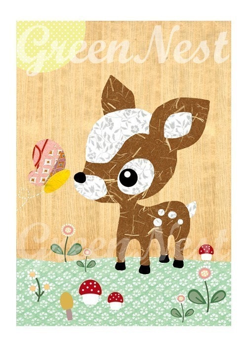 Cute forest friends -  Deery and Butterfly  collage poster  print