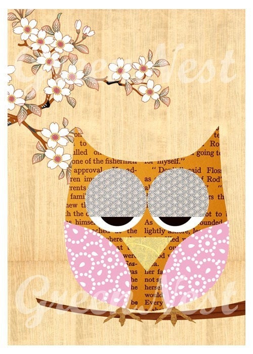 Cherry blossom owl collage poster print on wood