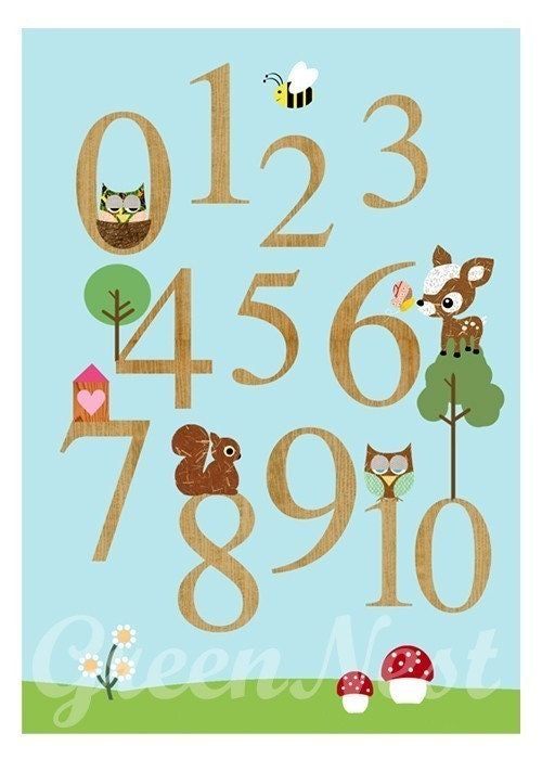 Counting with cute animals- Owl, Squirrel, Deery, bee and Little Treehouse collage poster print