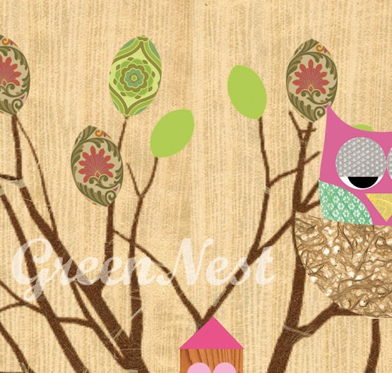 NEW A3 Size: Cute Snail, Squirrel and pink Owl collage poster print on wooden background