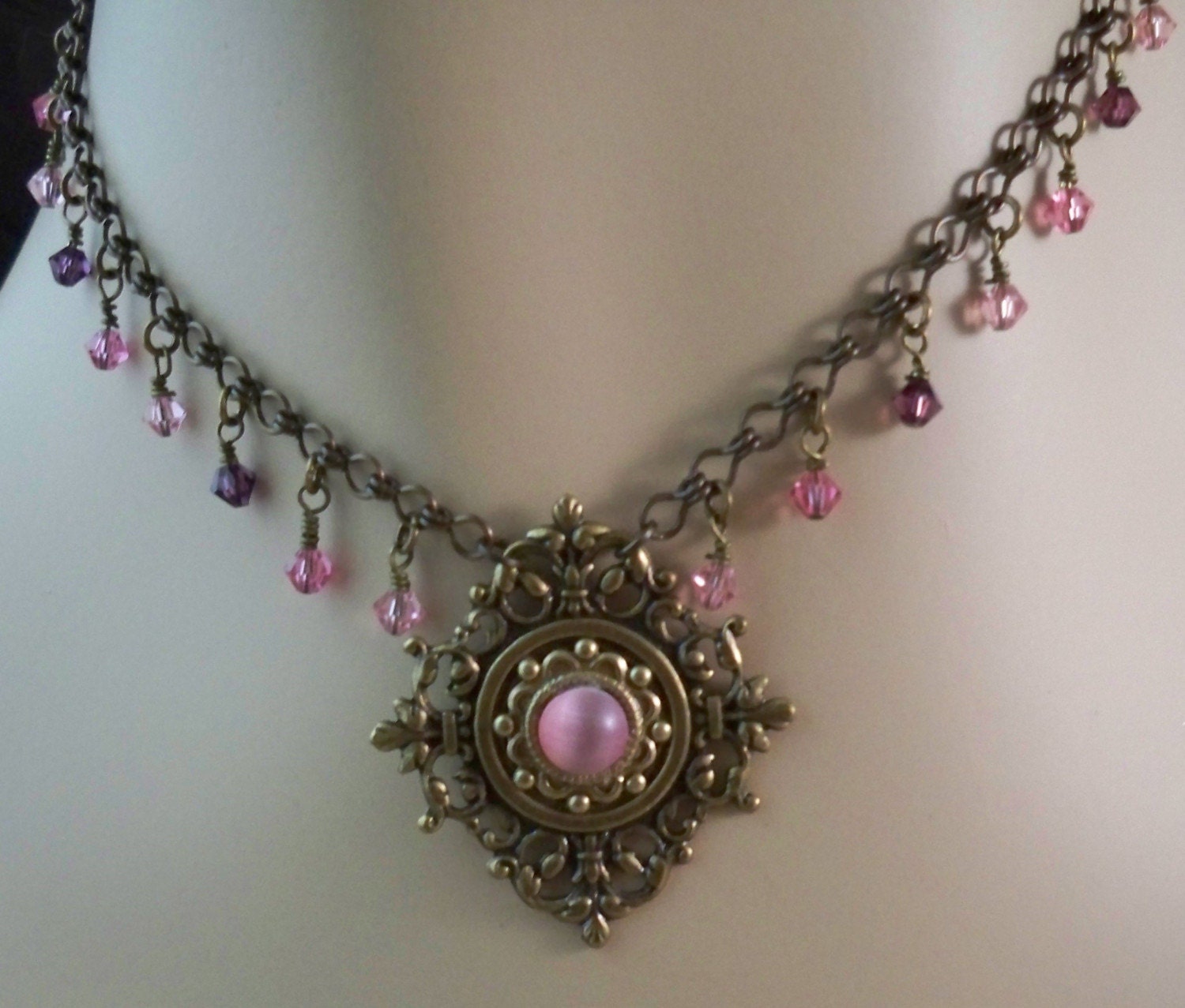 Sparkling Pink Victorian Filigree Necklace