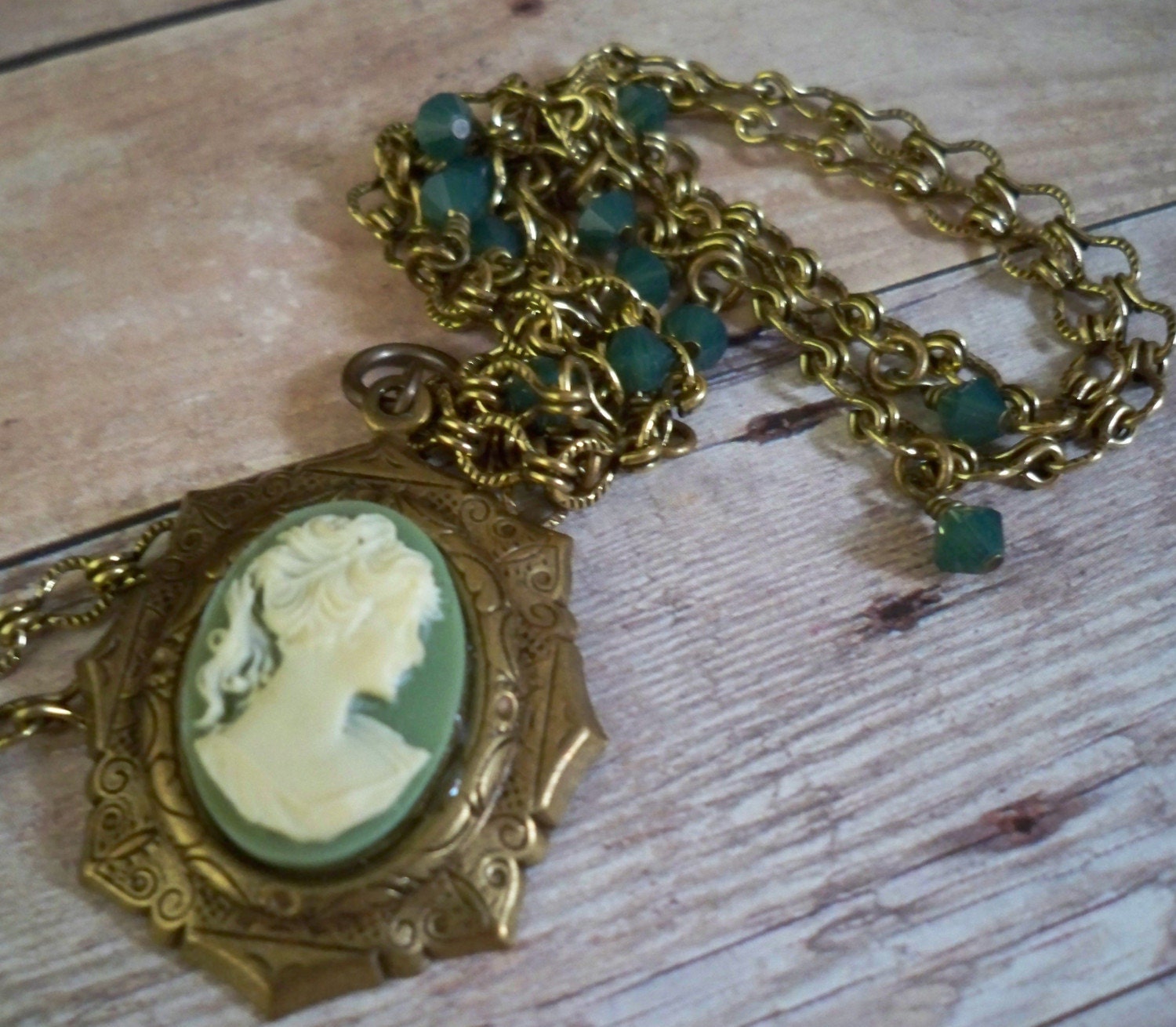 Victorian Inspired Romantic Green Cameo with Crystals Necklace