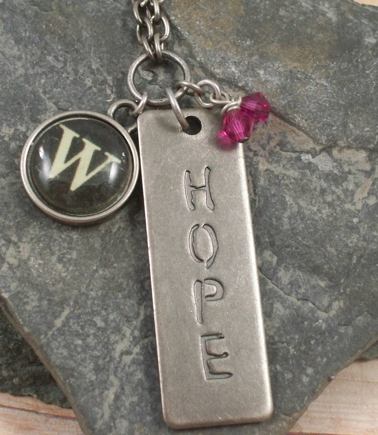 Personalized Charm Necklace featuring a Typewriter Key Type Charm, Fuschia Crystals and Hope Pendant