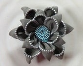 Recycled Vintage Grey Zipper Flower Brooch or Hair Clip