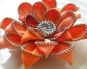 Orange Vintage Recycled Zipper Flower Brooch or Hair Clip