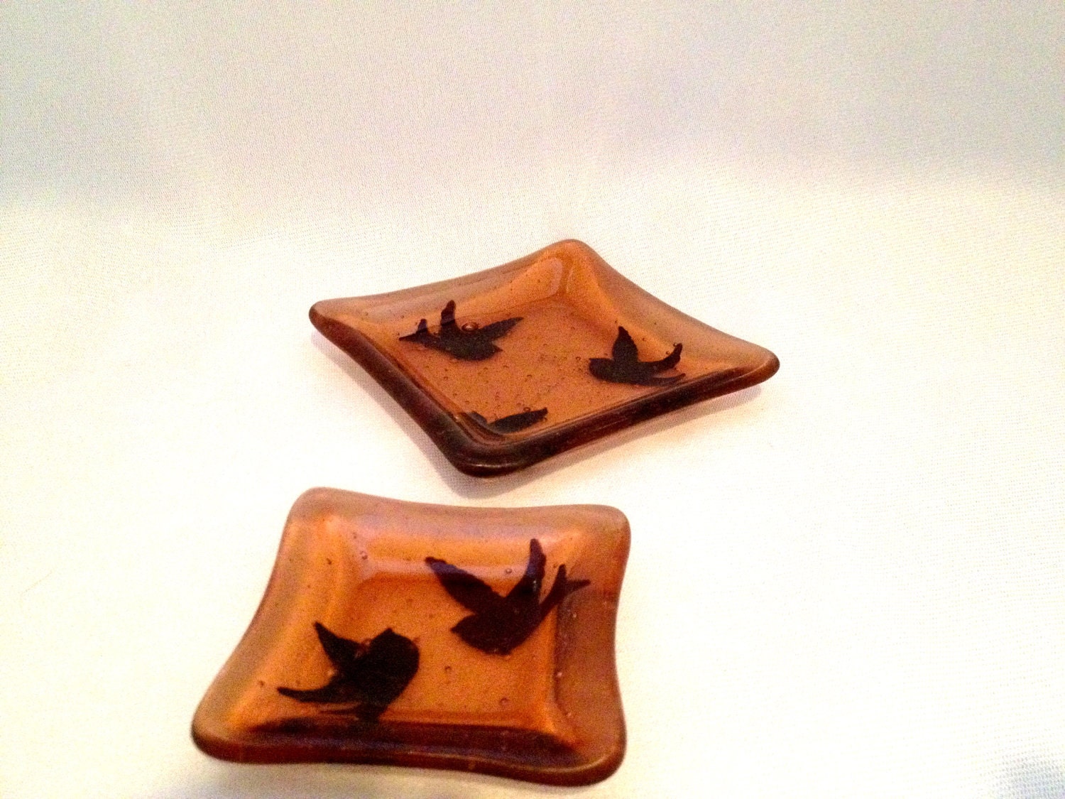 2 small Rhubarb Chartreuse with birds fused glass dishes
