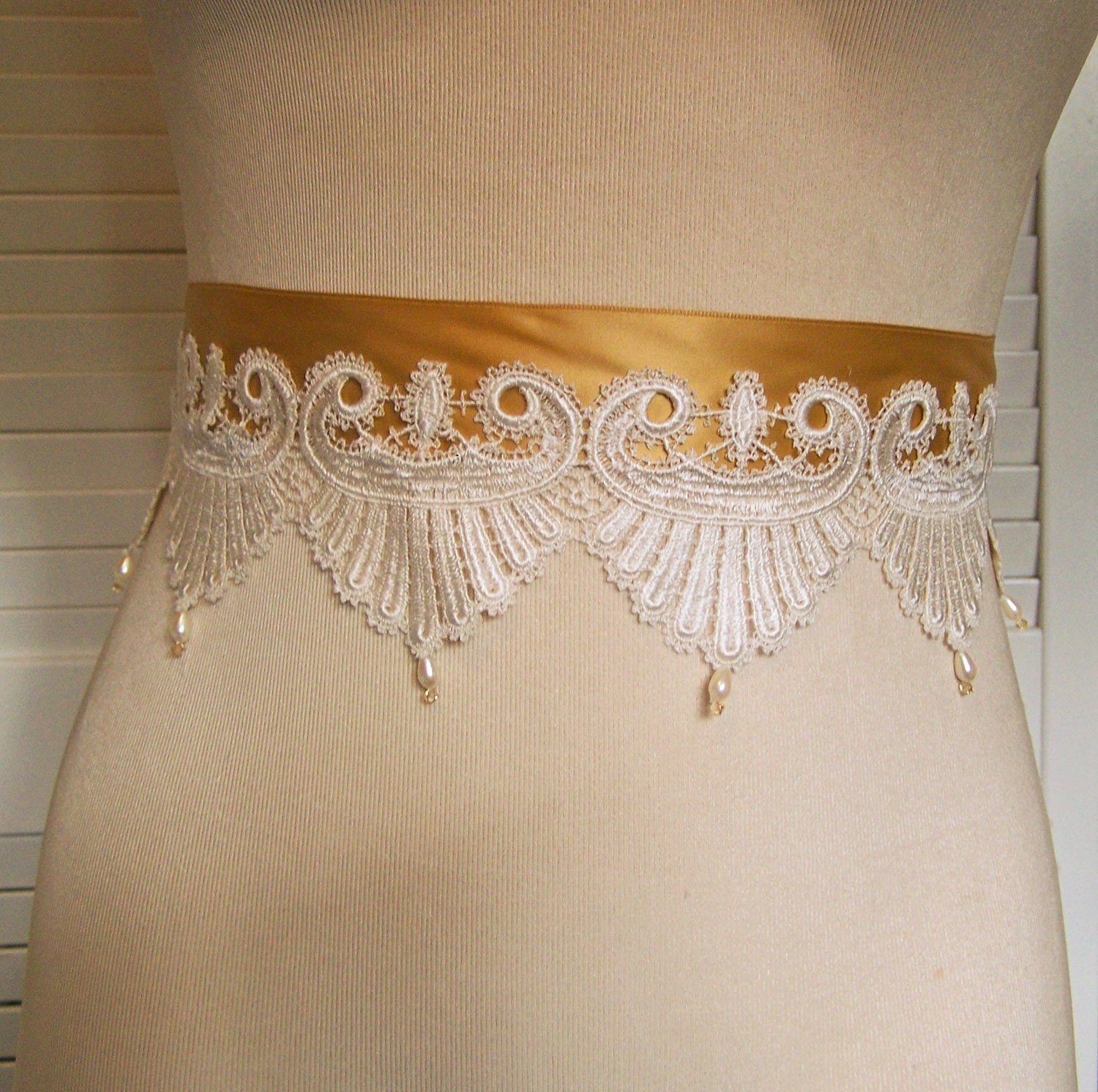 CLEARANCE-Bridal Sash-Antique Gold Venetian Lace with Swarovski Crystals and Pearls