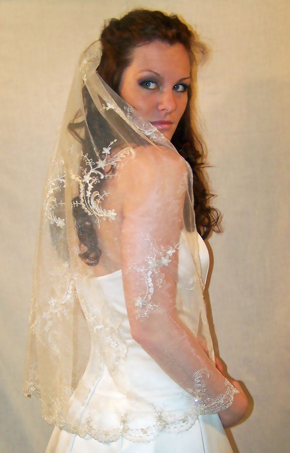 Custom Couture Elegant Swarovski Beaded and Embroidered Bridal Veil White or Ivory