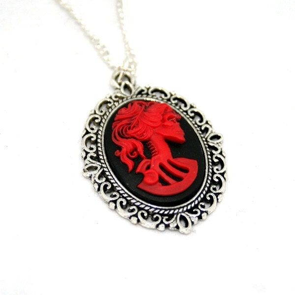 SALE - Bride Skeleton Cameo Necklace Lolita Red on Black