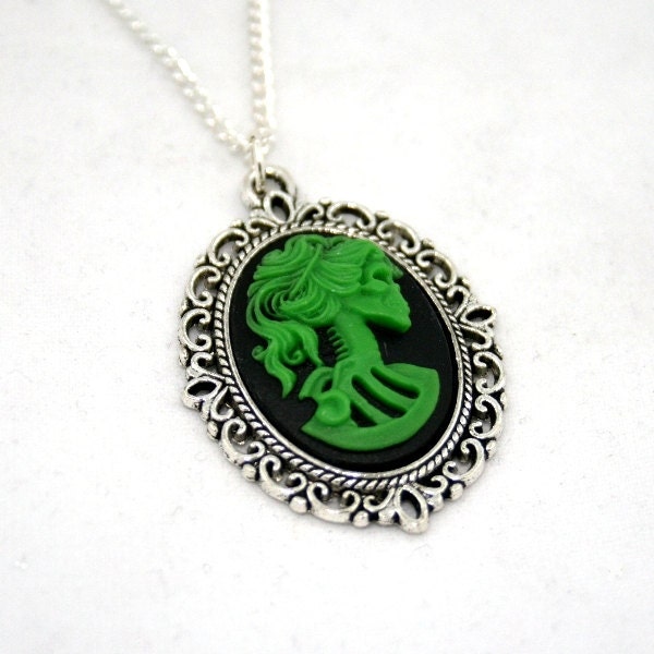 SALE - Bride Skeleton Cameo Necklace Lolita Green on Black