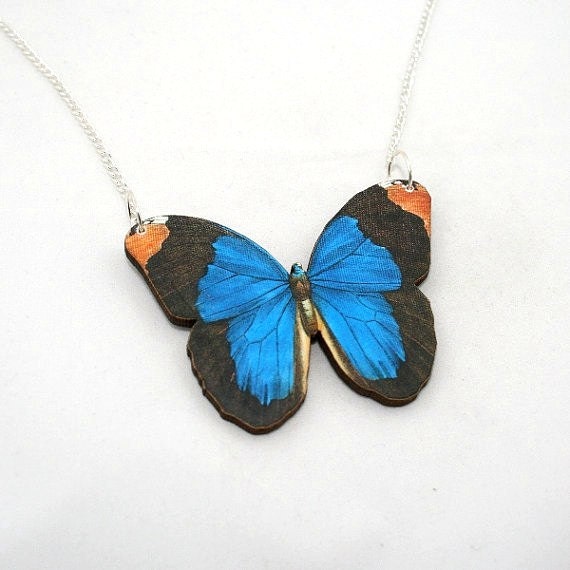 Blue Butterfly Necklace, Wood Pendant, Illustration Jewelry