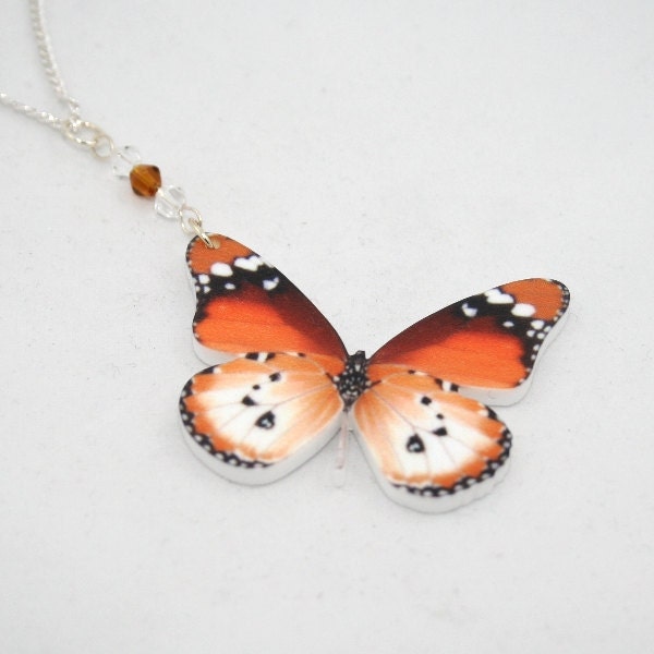 Orange Butterfly Necklace, Acrylic Pendant, Butterfly Illustration