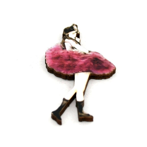 Pink Ballerina Brooch, Wood Accessory, Dancer Illustration, Ballerina Badge