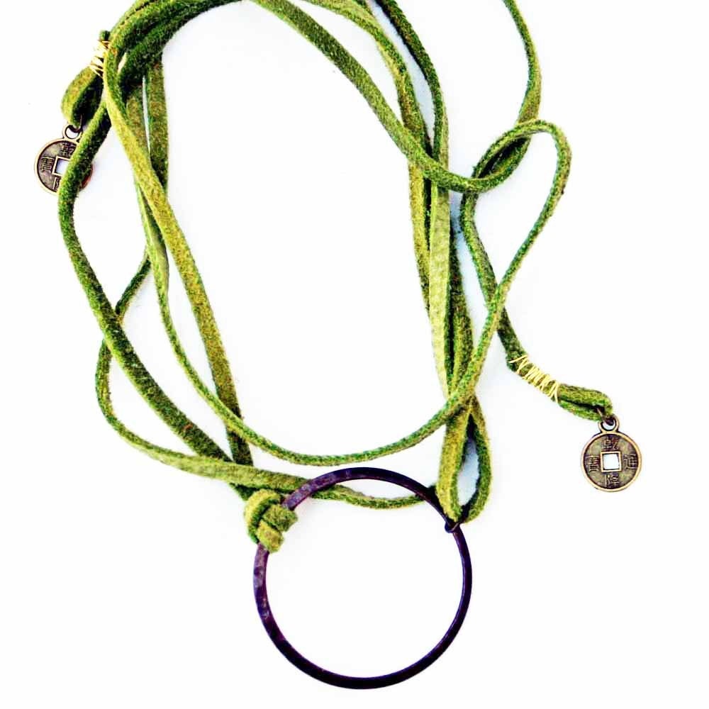 Suede Wrap Bracelet with Eternity Circle Moss Green and Antique Brass Wrap Necklace Choker Chinese Coin Charms Free People