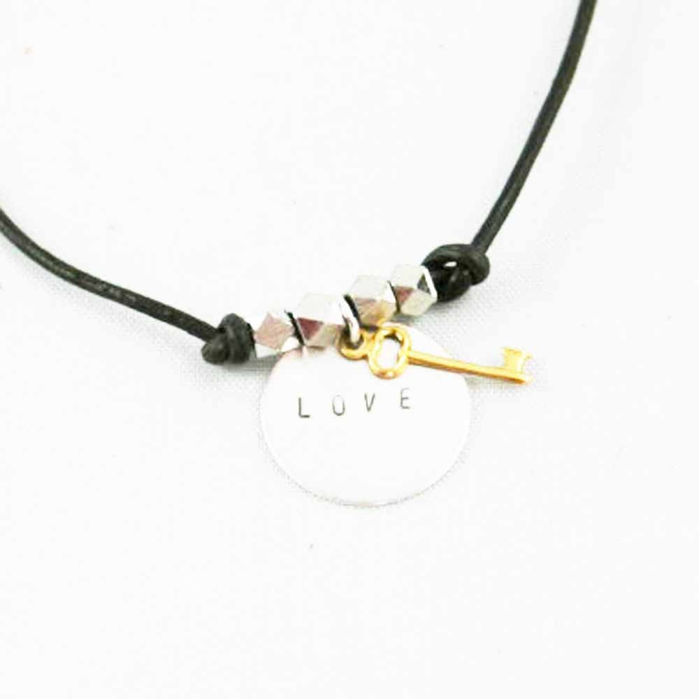 Leather Charm Bracelet Love Dark Brown & Silver Hand Stamped Charm Key Charm
