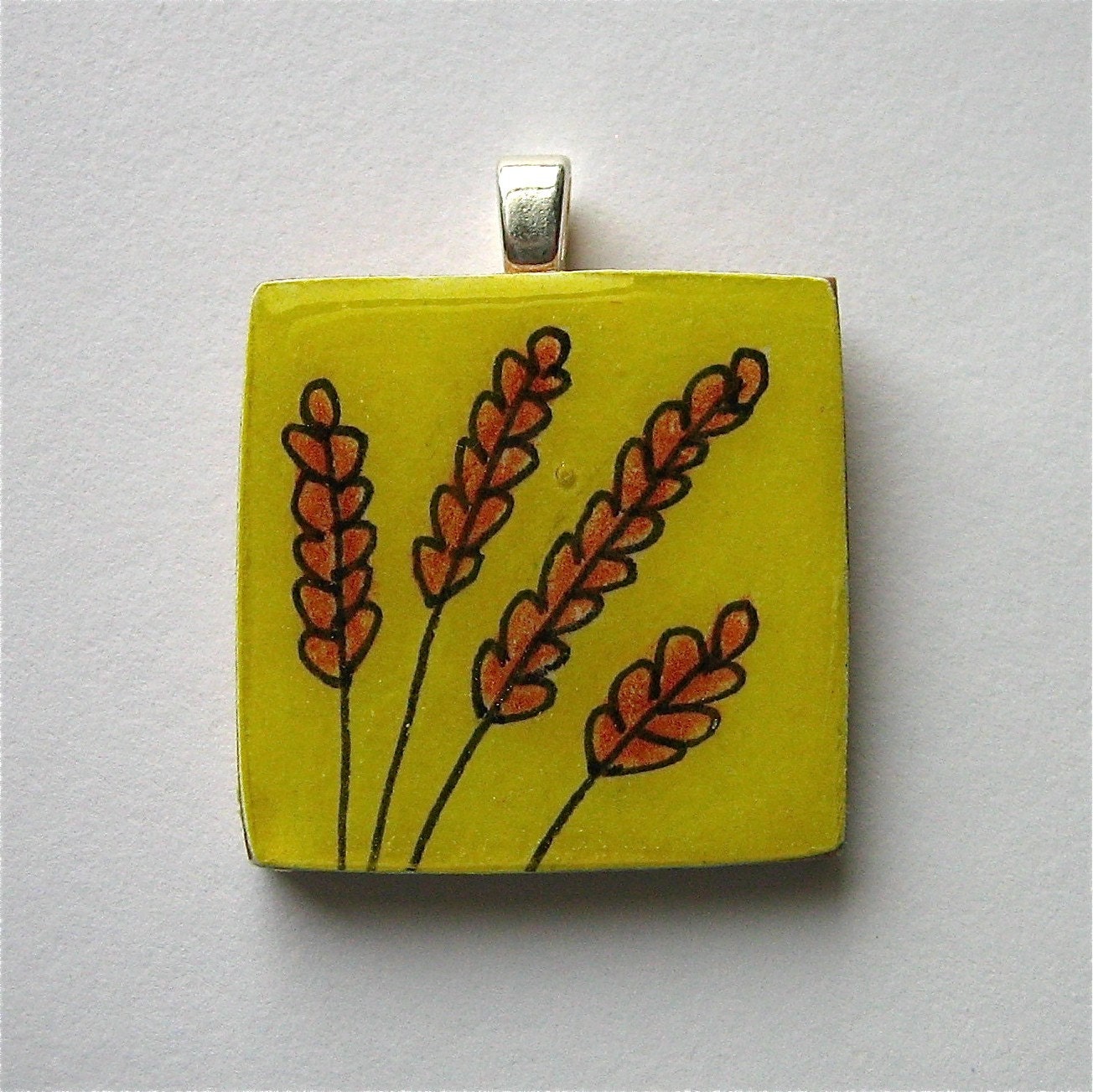 Gold Wheat - Square Wood One of a Kind Nature Art Pendant