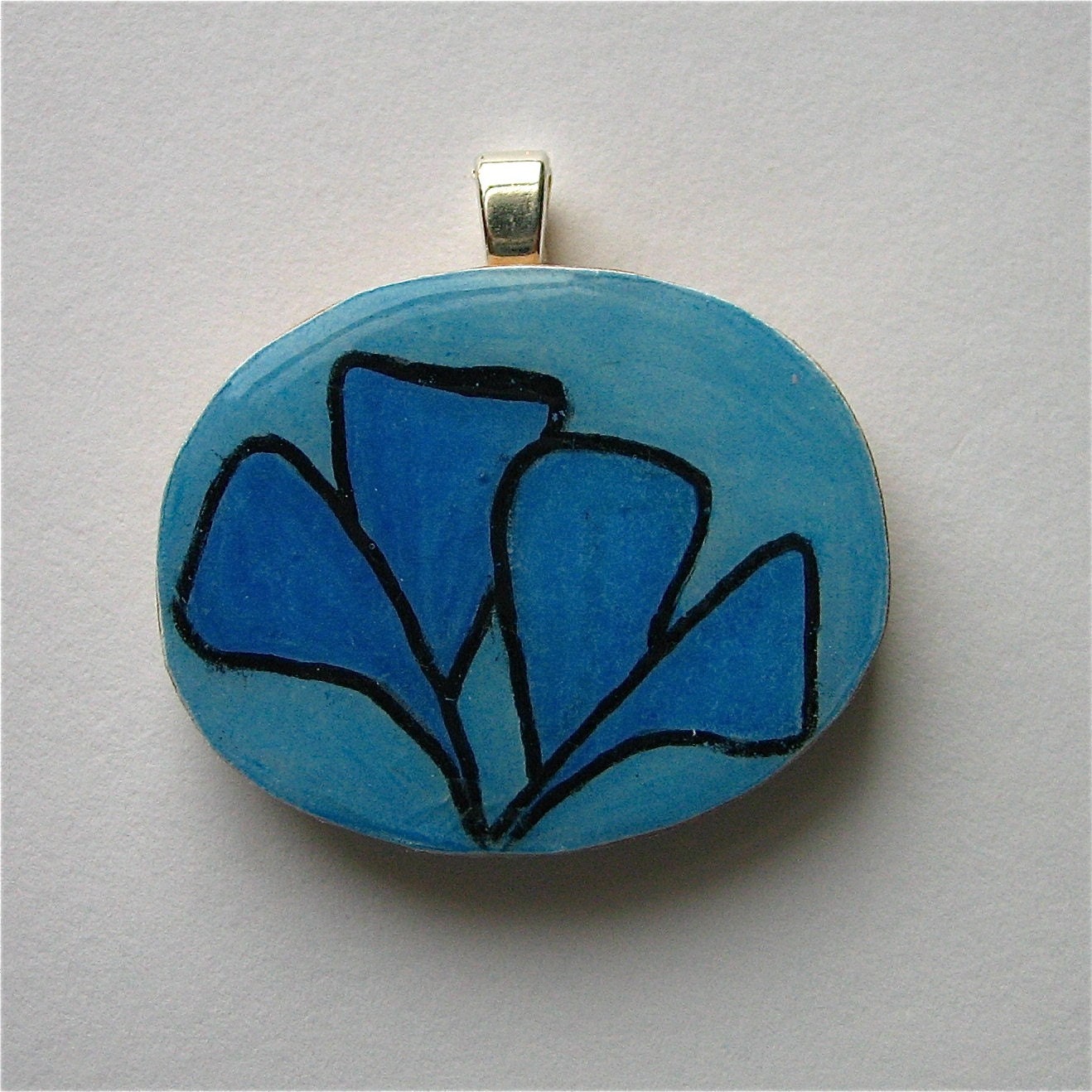 Blue Leaves - Wood Oval One of a Kind Nature Art Pendant
