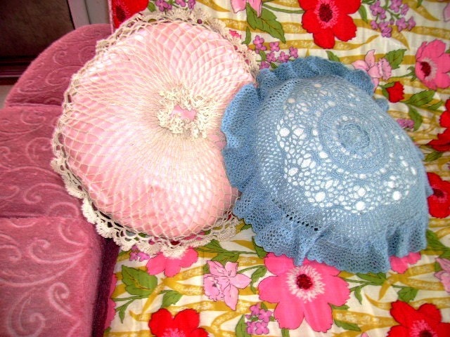 vintage blue pillow crochet textile boudoir throw hand made dusty  blue