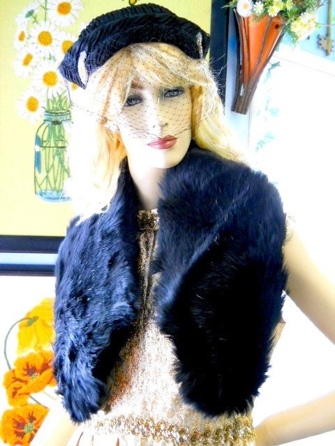 Vintage genuine black fur collar antique guard hair