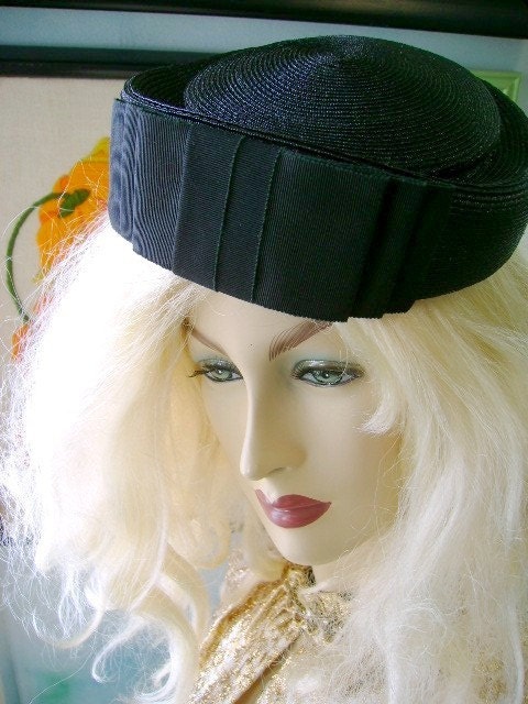 vintage 40s 50s  Big Bow hat cap grannie serpent woven Doris day