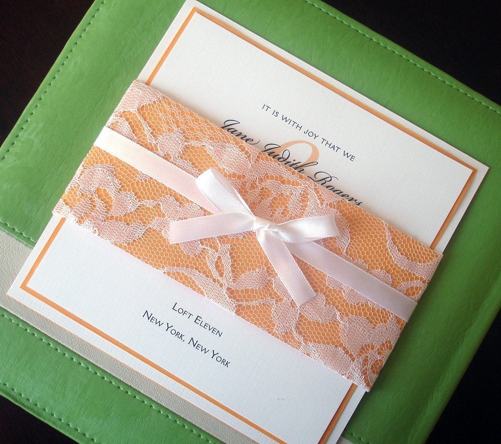 Wedding Invitation - Yellow gold White Lace w/ belly band - Bridal baby shower, sweet sixteen, bat mitzvah, communion christening