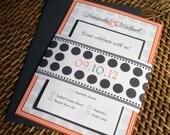 Polka Dot  Wedding Invitation Set w/ Belly Band - Orange Charcoal Gray- Bat mitzvah, sweet sixteen