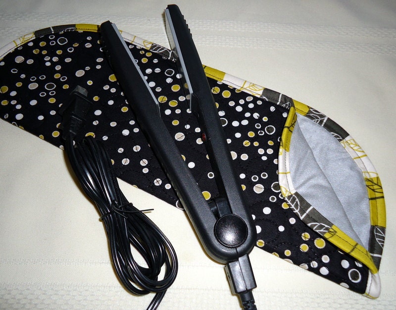Quilted Flat Iron or Curling Iron Cover Black Gold and Gray Spotted Print