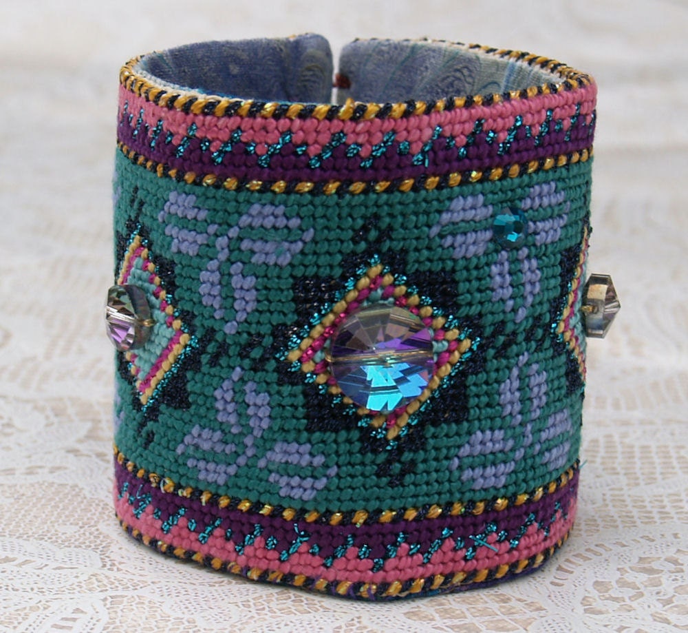 Needlepoint Wrist Cuff - Original Design Of Abstract Medallions and Leaves With Vintage Glass Beads - Size 7.0 (W517)