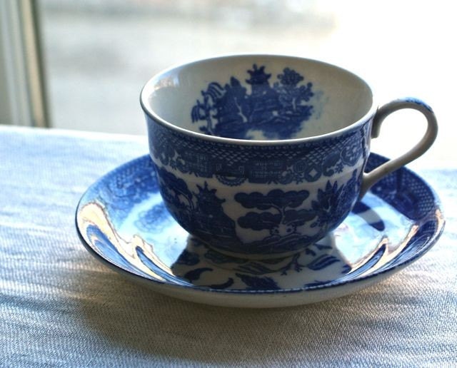 antique blue willow tea cup and saucer