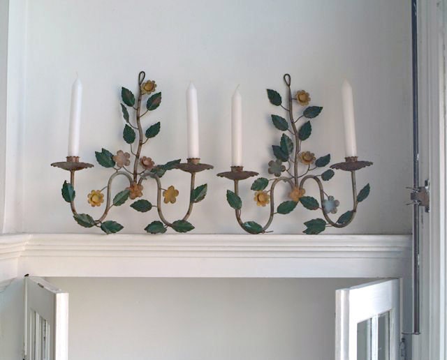 Reserved for Chiara Antique Pair of Italian Toleware Iron Wall Sconces