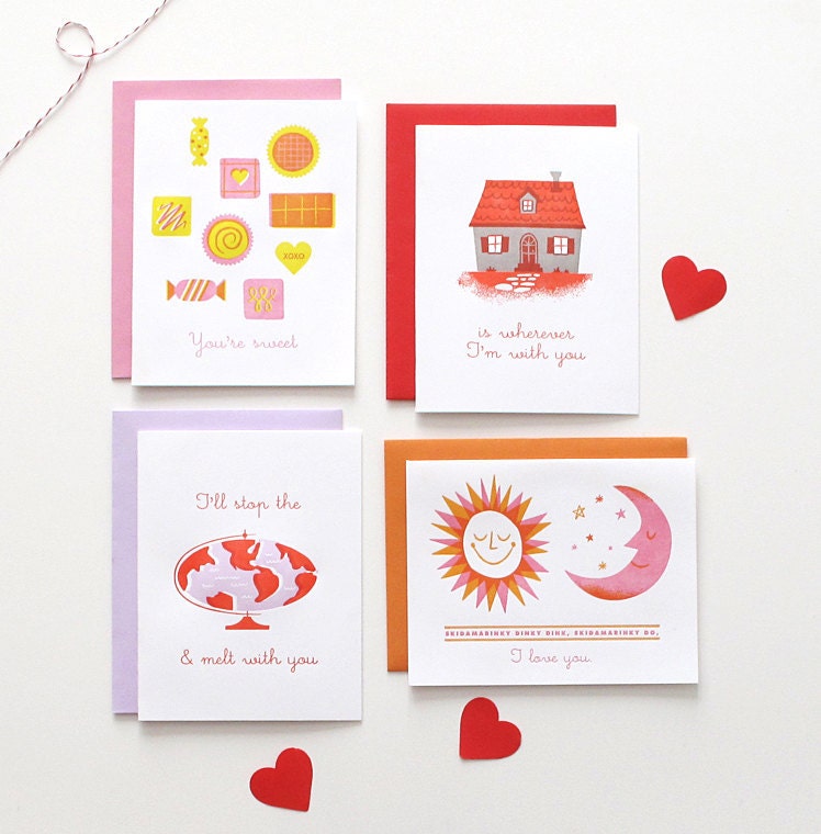 Set of 4 Letterpress Valentine Cards