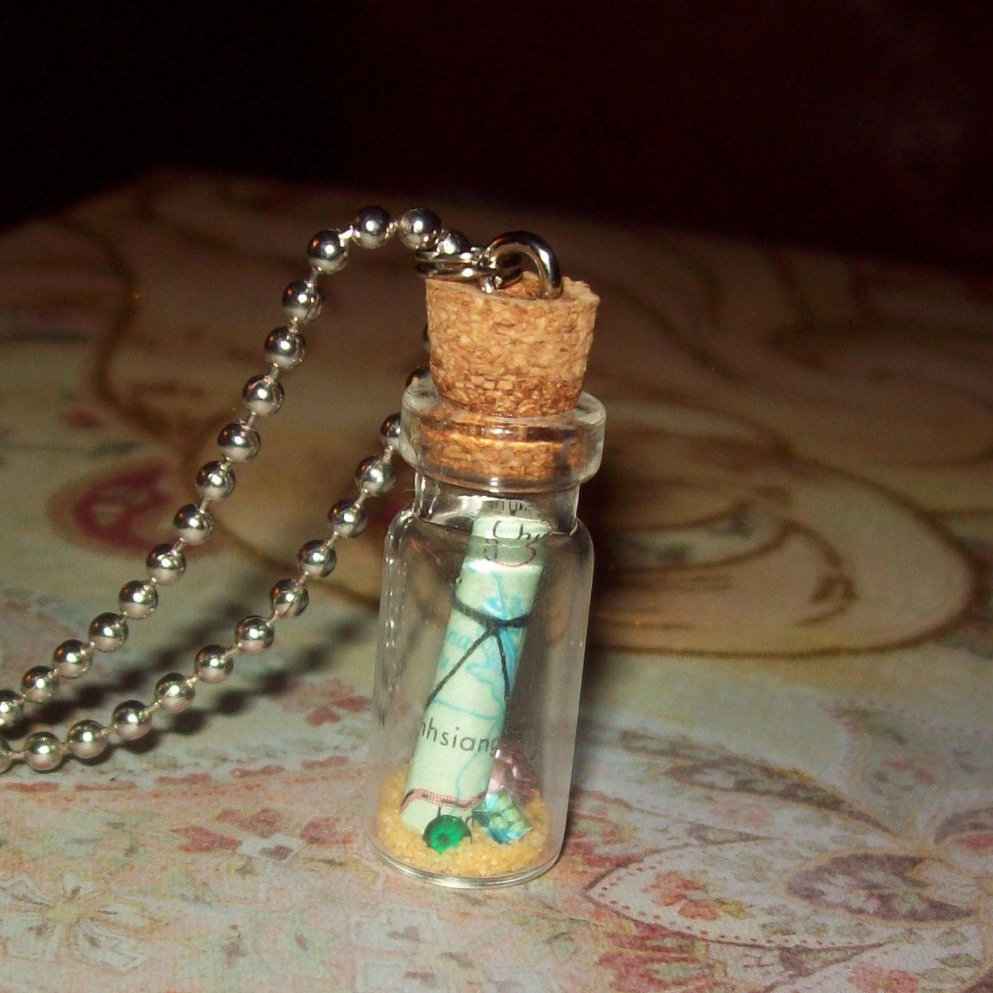 Miniature Glass Bottle Necklace / Map and Treasure /No. 78
