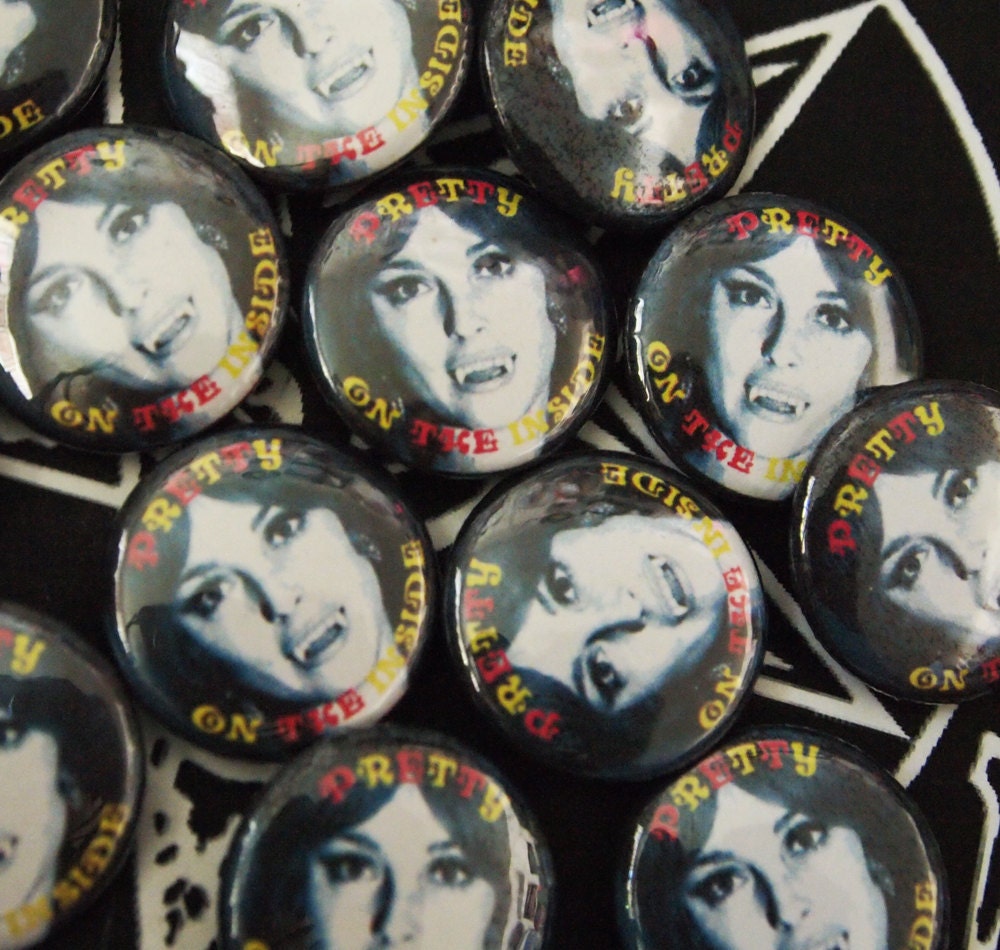 PRETTY on the INSIDE// Sharon Tate Vampire Pin Button, Satanic and Colorful
