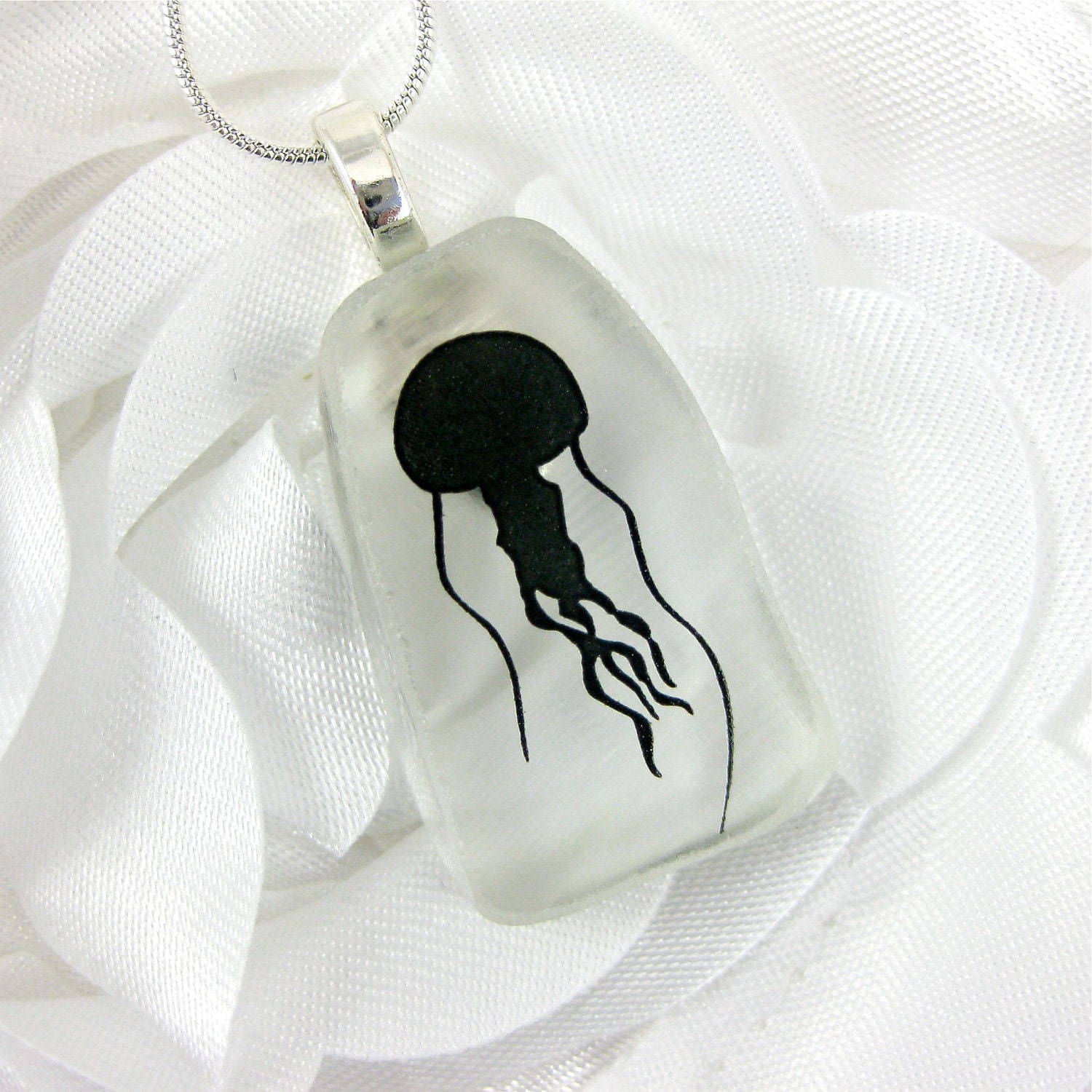 Recycled Glass Jellyfish Pendant  - Flattened Bottle Fused Glass Jewelry
