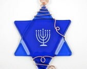 Fused Glass Star of David Suncatcher Ornament - Cobalt Blue
