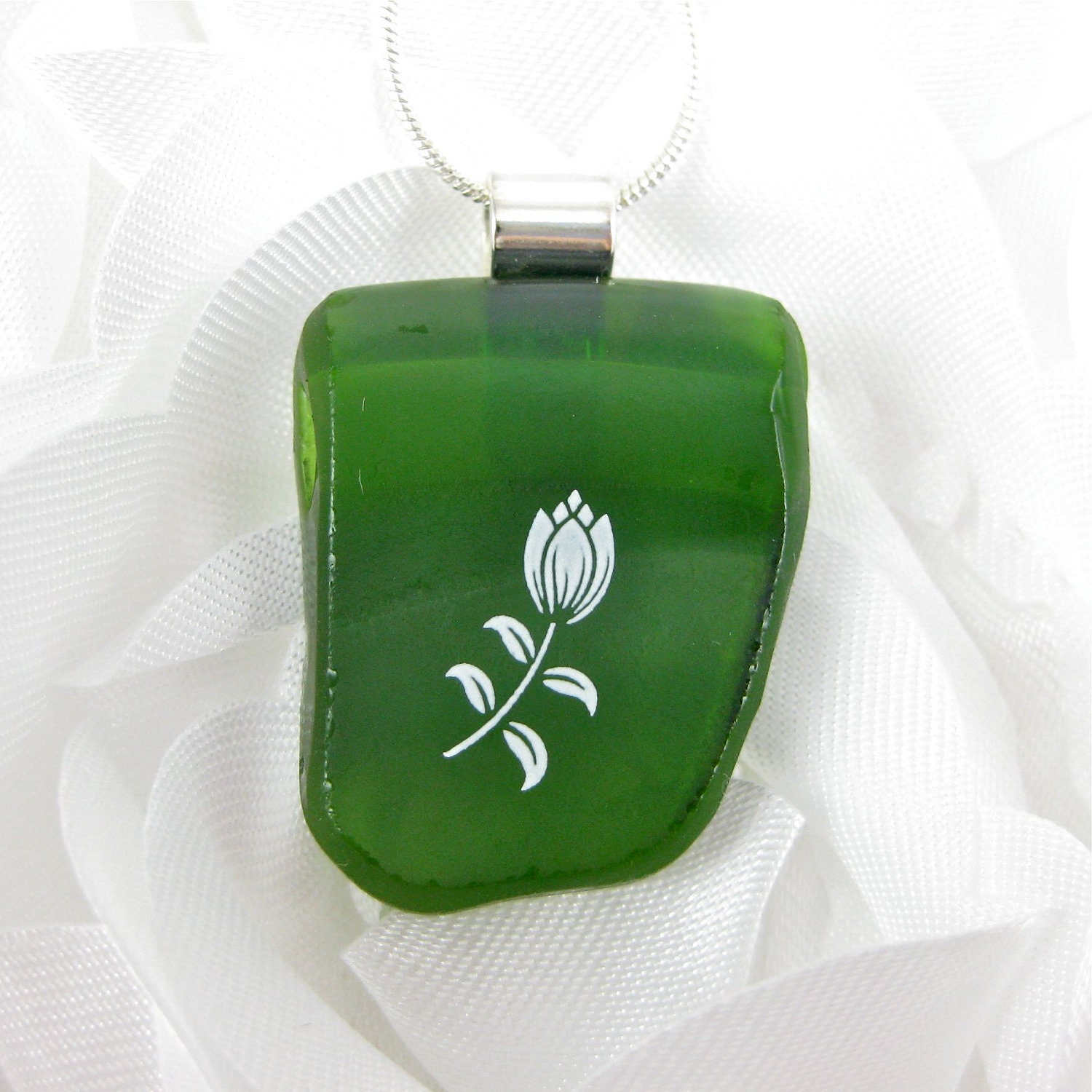Recycled Glass Tulip Pendant Emerald Green Fused Glass Jewelry