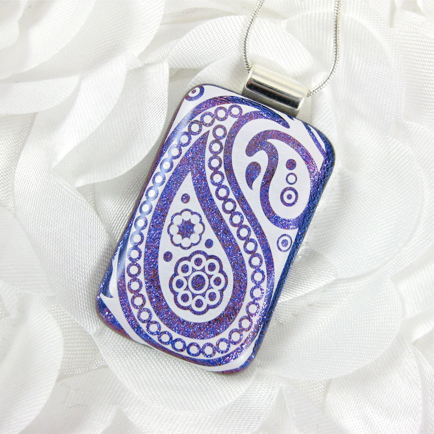 Purple and White Paisley Dichroic Glass Pendant