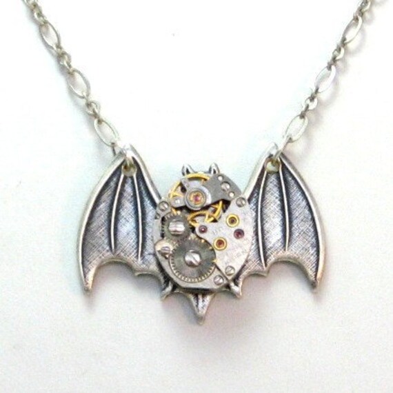 Batty Steampunk Necklace Gothic Wings Vintage Watch Movement Designed by Mystic Pieces