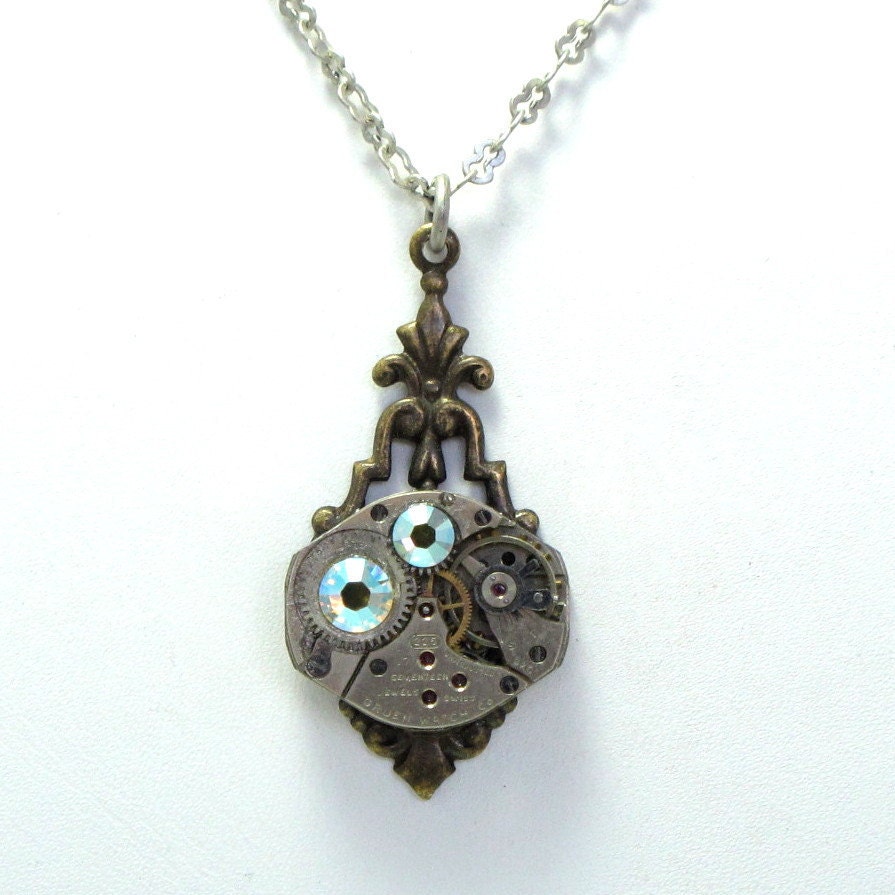Enchanting Steampunk Necklace 17 Jewels Vintage Watch Movement Swarovski Neo Victorian By Mystic Pieces