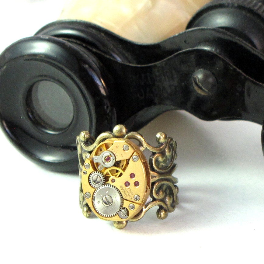 Neo Victorian Steampunk Ring Vintage Watch Movement Antique Brass and Gold Designed By Mystic Pieces