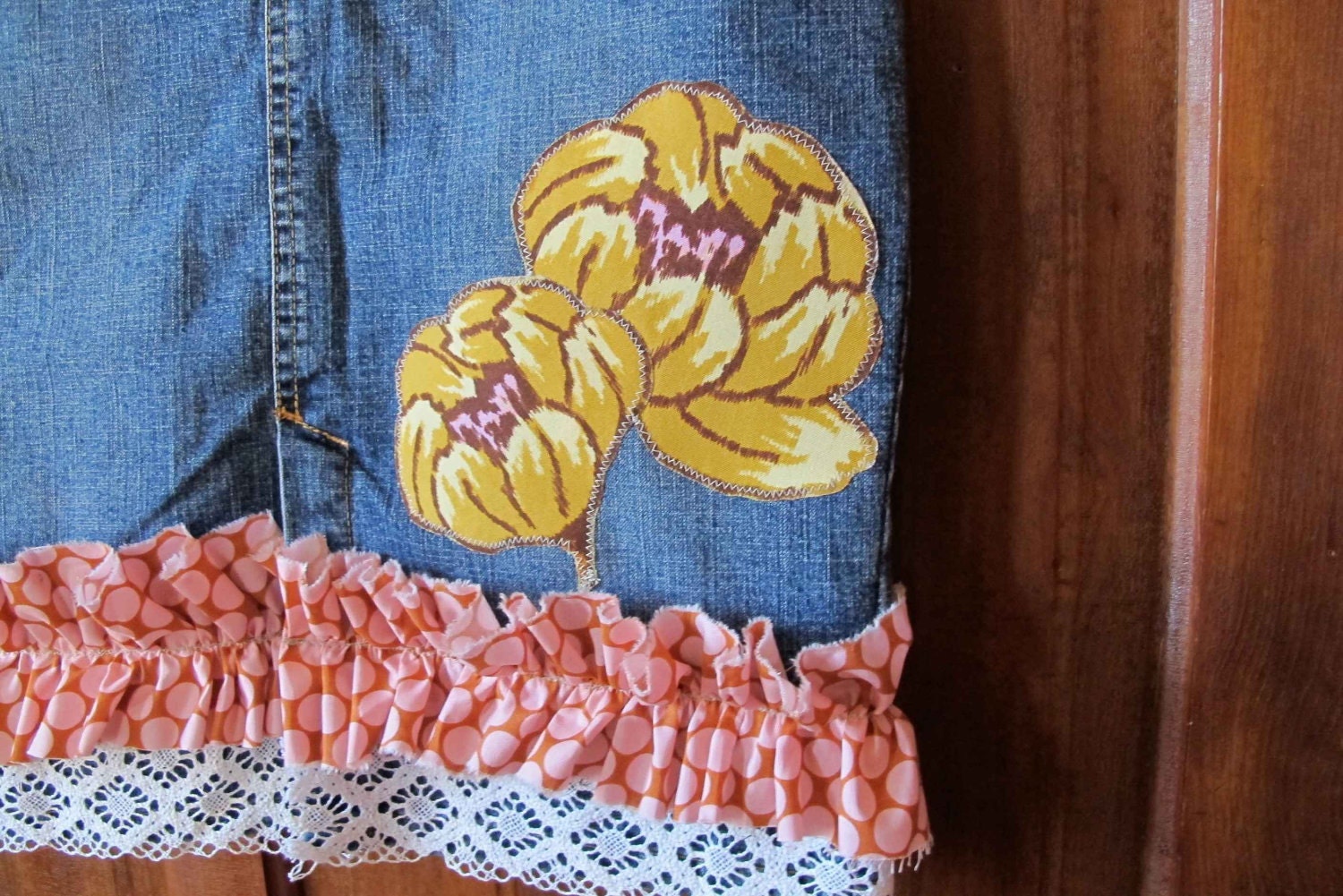Upcycled Denim Skirt - Pencil Skirt with Spring Whimsy - Size 0/2