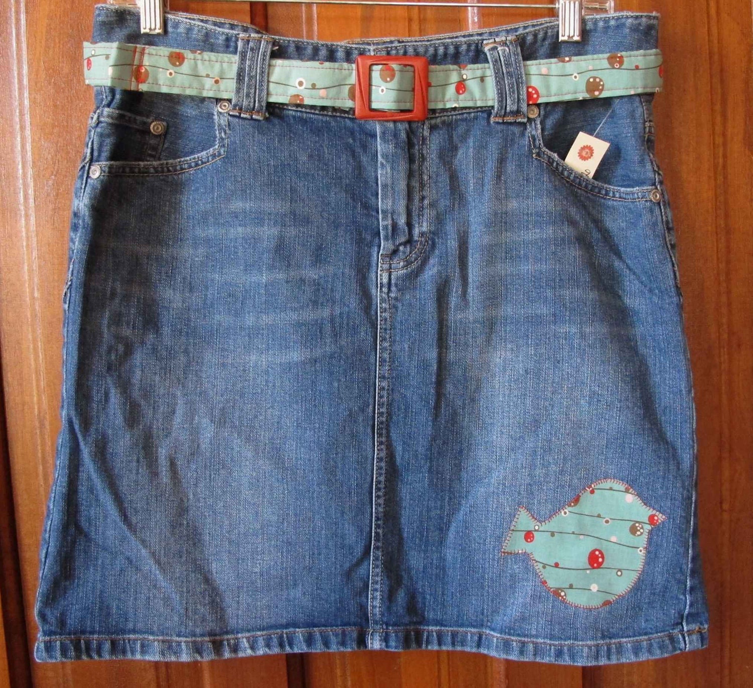 Upcycled Denim Skirt - Birdie Applique with Matching Belt - Size 8/10